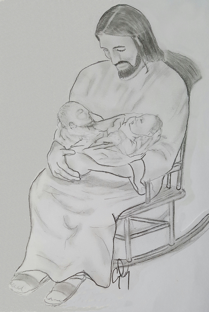 God sitting on a rocking chair with two babies on his lap.