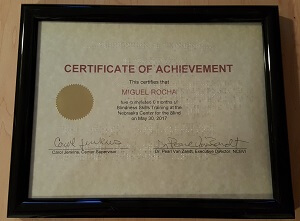Miguel's Blind Training Certificate.